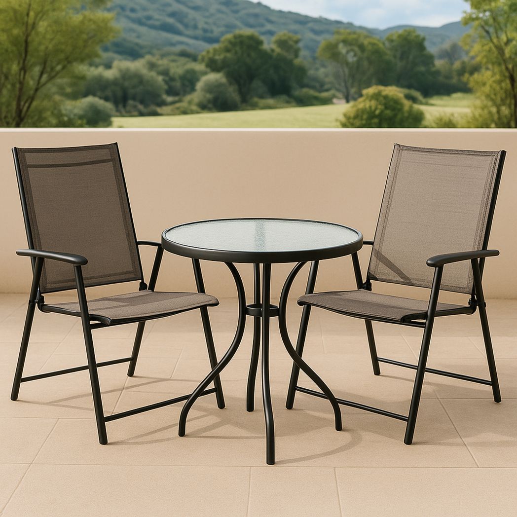 Ensemble de meubles d'extérieur en métal noir avec table ronde en verre et 2 chaises pliantes-Vasolia