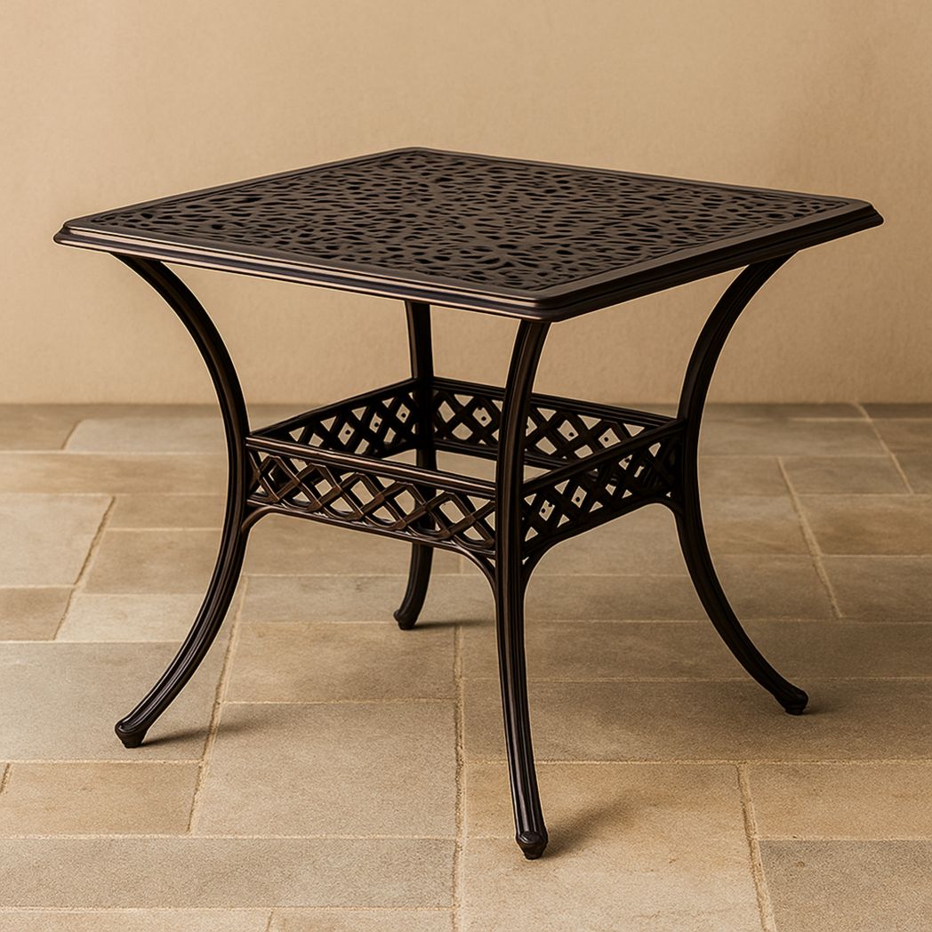 Table de jardin carrée en aluminium moulé ajouré marron, 80x80x75 cm-Vasolia