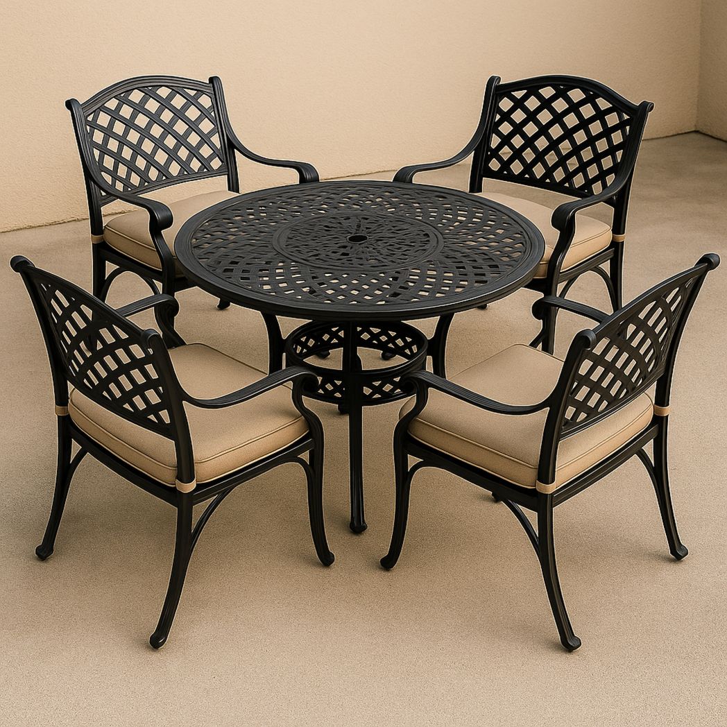 Ensemble de Table et Chaises de Jardin en Aluminium Noir avec Coussin Beige, Table Ronde Ø106 cm, 5 Pièces-Vasolia