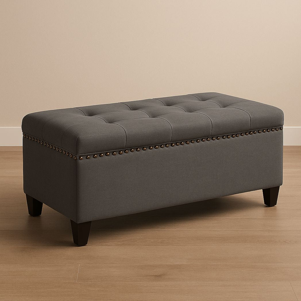 Banc de rangement rectangulaire tissu polyester pieds en bois Gris 102x42x43 cm-Vasolia