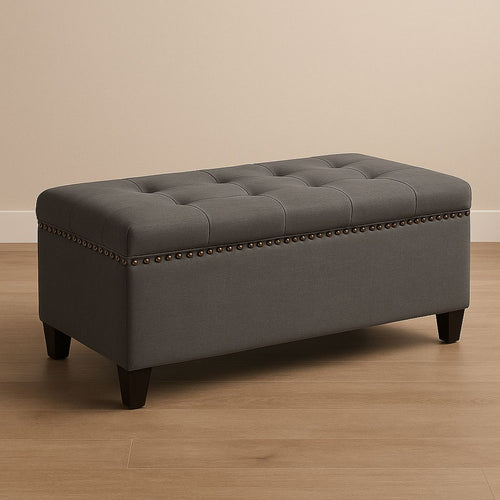 Banc de rangement rectangulaire tissu polyester pieds en bois Gris 102x42x43 cm-Vasolia