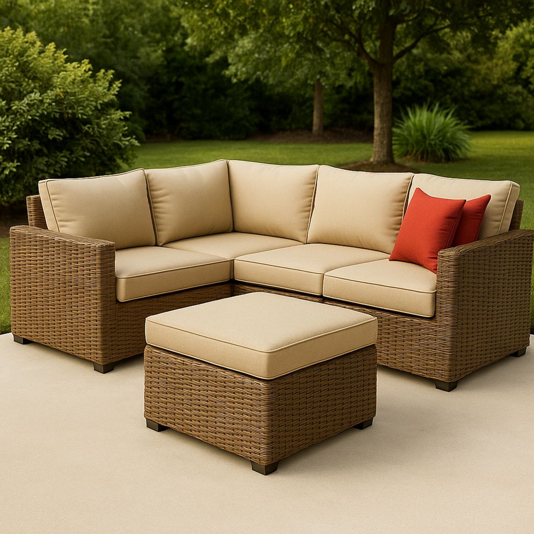 Ensemble de salon de jardin en forme de L en résine tressée avec coussins en polyester beige/rouge-Vasolia