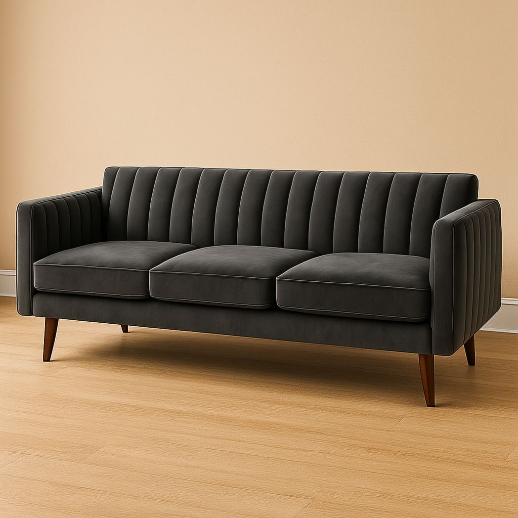 Canapé 3 places en velours gris foncé avec pieds en bois massif-Vasolia