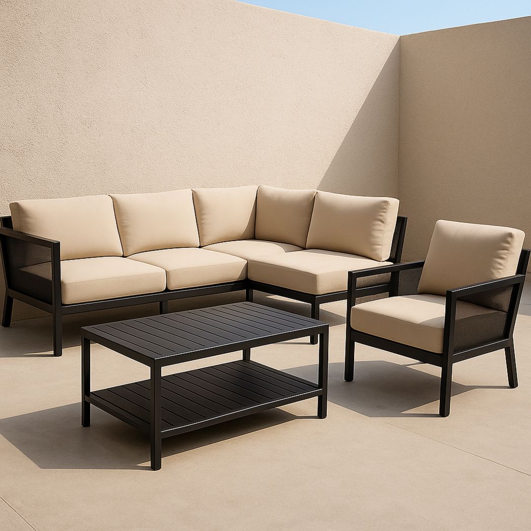 Ensemble de salon de jardin en aluminium avec canapé d'angle, fauteuil et table basse, coussins en polyester, beige/noir-Vasolia