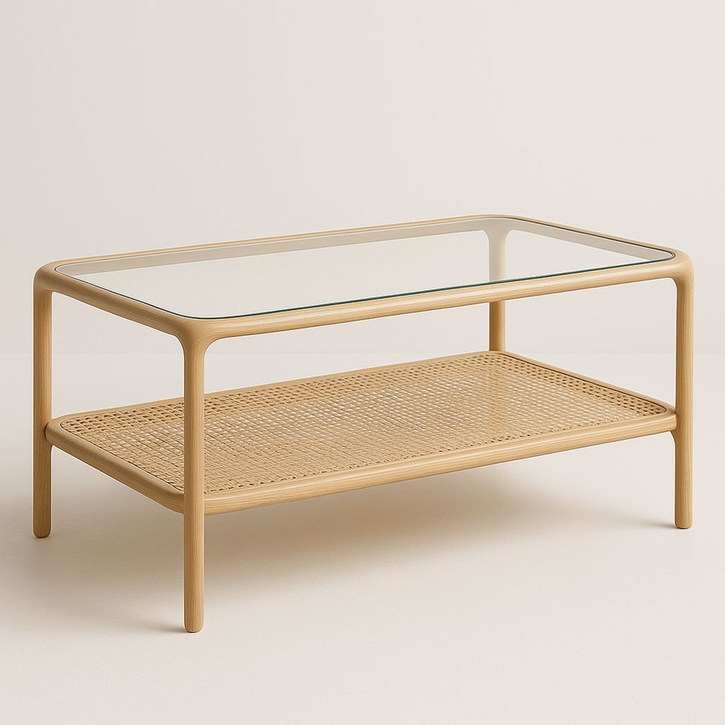 Table basse rectangulaire en verre trempé/bois avec étagère en rotin 110x60x45 cm-Vasolia