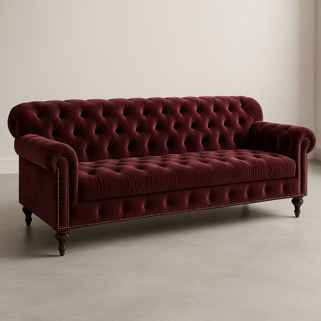 Canapé Chesterfield Velours 3 Places Framboise Profond-Vasolia