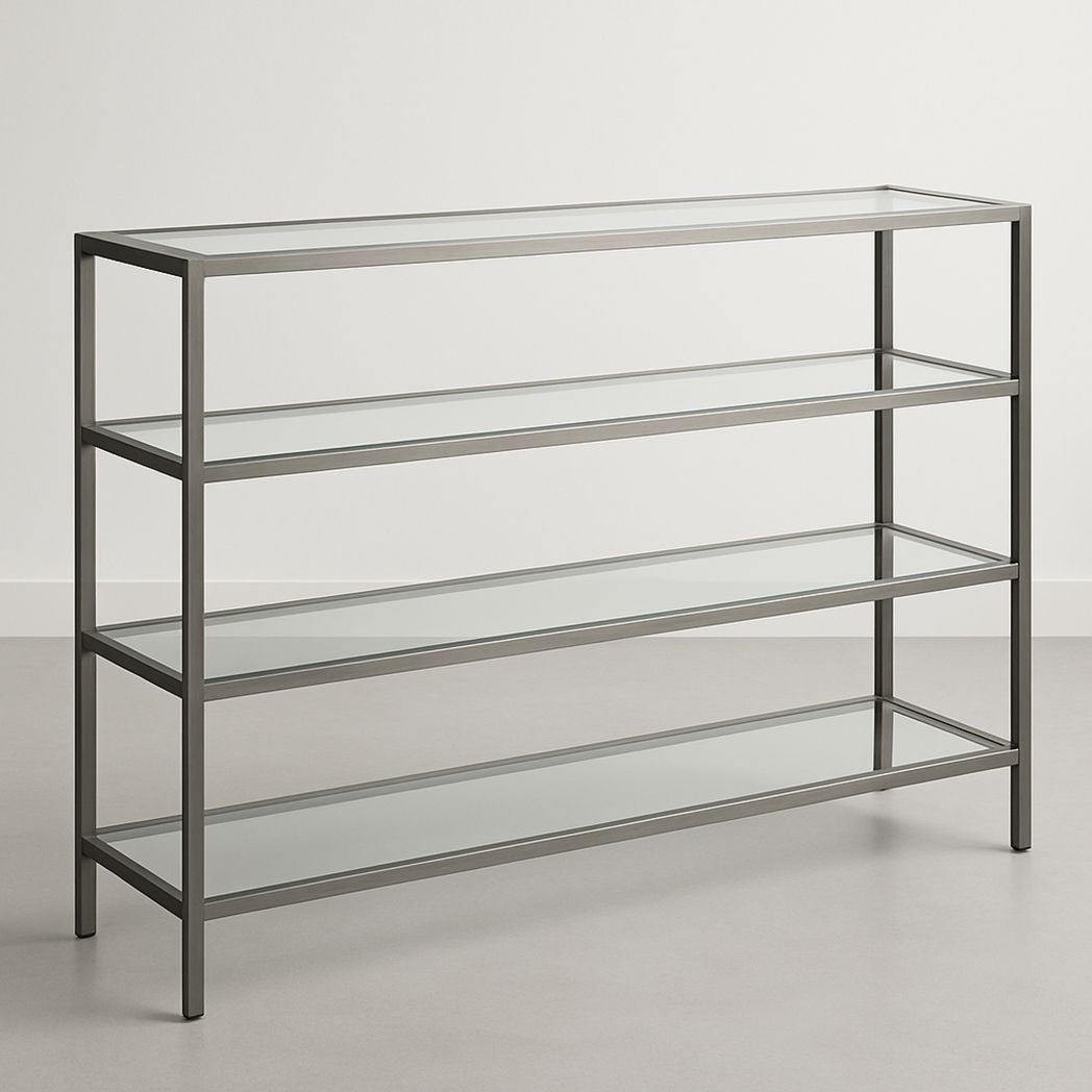 Étagère de rangement en métal et verre trempé rectangulaire 4 niveaux 120x40x90 cm Transparent/Argent-Vasolia