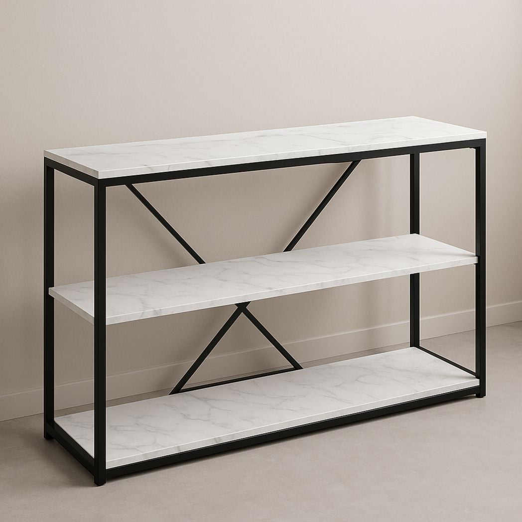 Étagère de rangement rectangulaire en métal avec tablettes effet marbre, Noir/Blanc, 120x40x85 cm-Vasolia