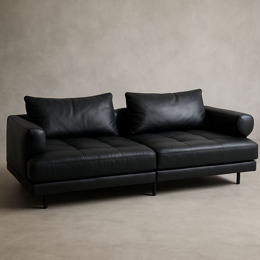 Canapé en cuir synthétique noir 2 places avec cadre en bois et pieds en métal-Vasolia