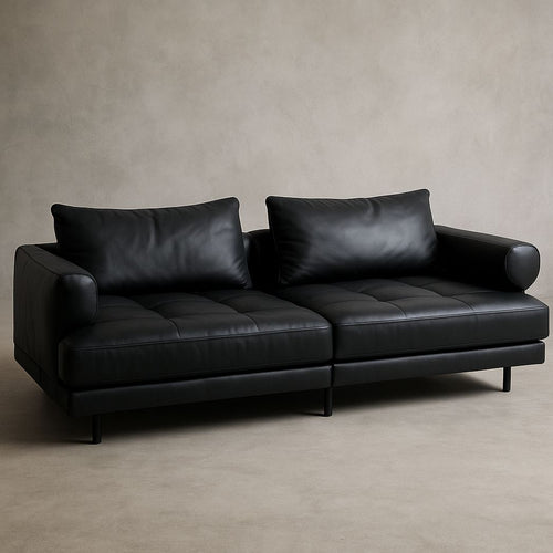 Canapé en cuir synthétique noir 2 places avec cadre en bois et pieds en métal-Vasolia