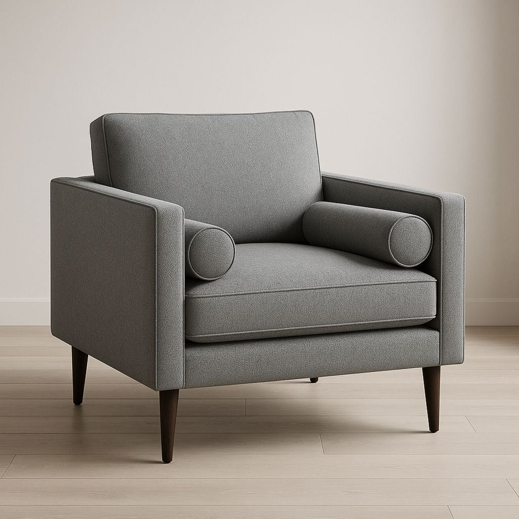 Fauteuil carré en tissu polycoton avec accoudoirs et pieds en bois, Gris, 75x85x90 cm-Vasolia