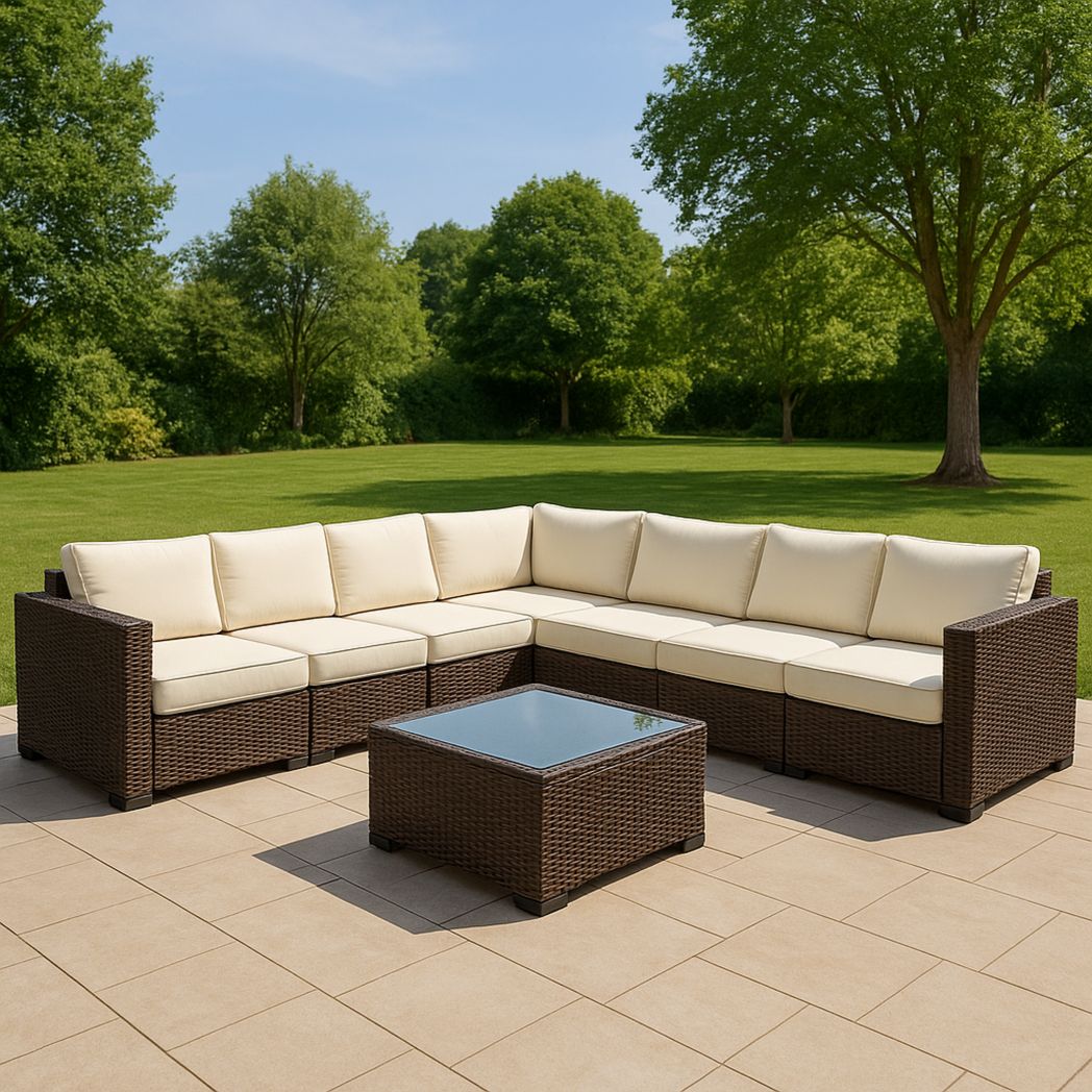 Salon de jardin modulaire en résine tressée marron/écru avec table en verre-Vasolia