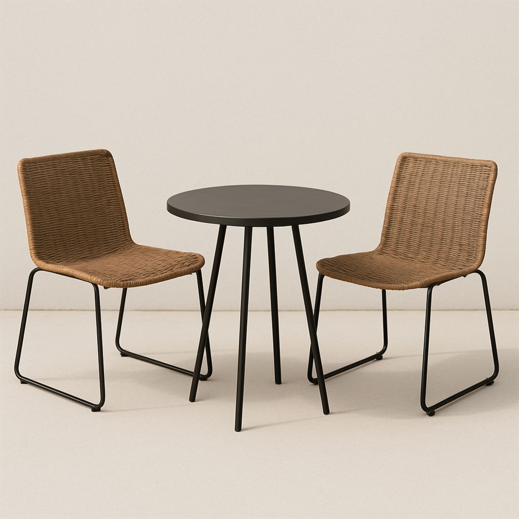 Ensemble de Table et Chaises 3 Pièces en Métal Noir et Rotin pour Intérieur/Extérieur-Vasolia