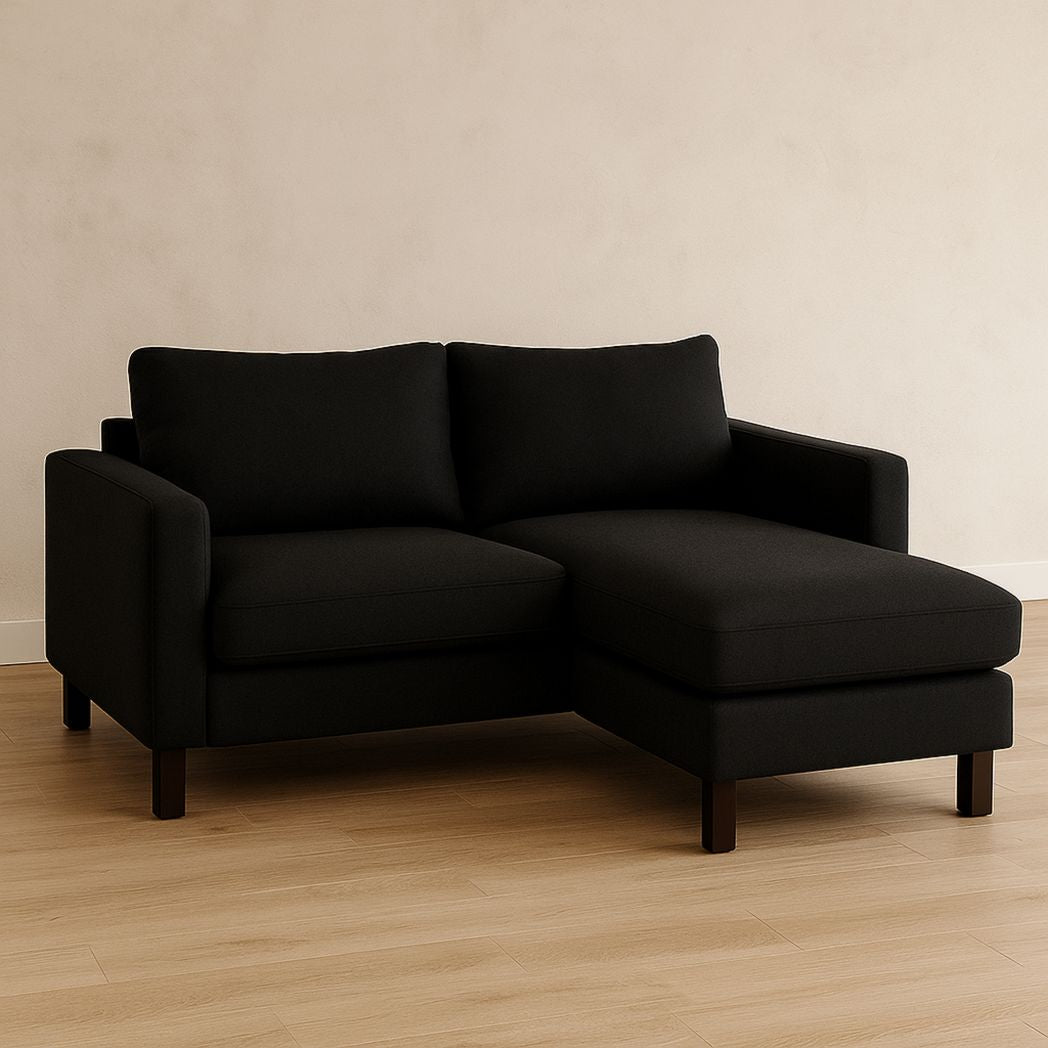Canapé d'Angle Droit en Tissu Noir avec Châssis en Bois, 2 Places, 200x150x85cm-Vasolia