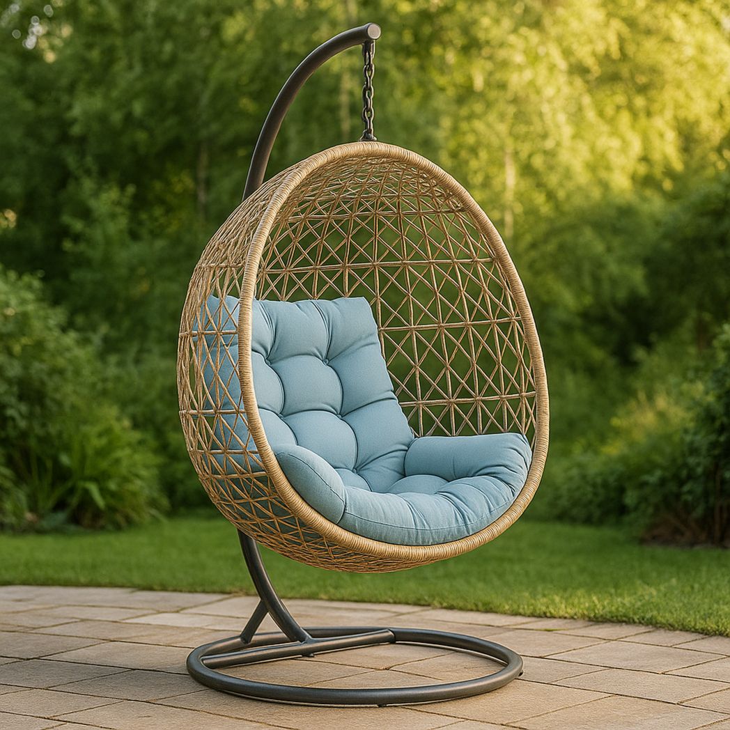 Chaise Suspendue Ovale Rotin Synthétique Coussin Polyester Bleu-Vasolia