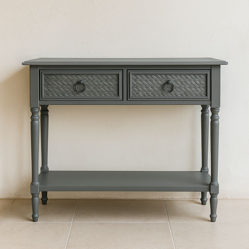 Table console rectangulaire en bois MDF avec surface texturée gris foncé, 2 tiroirs, 1 étagère, 120x40x80 cm-Vasolia