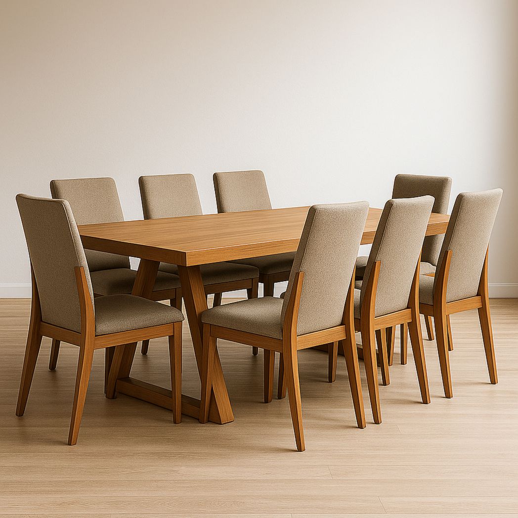Ensemble table à manger rectangulaire en bois massif et 8 chaises en tissu beige-Vasolia